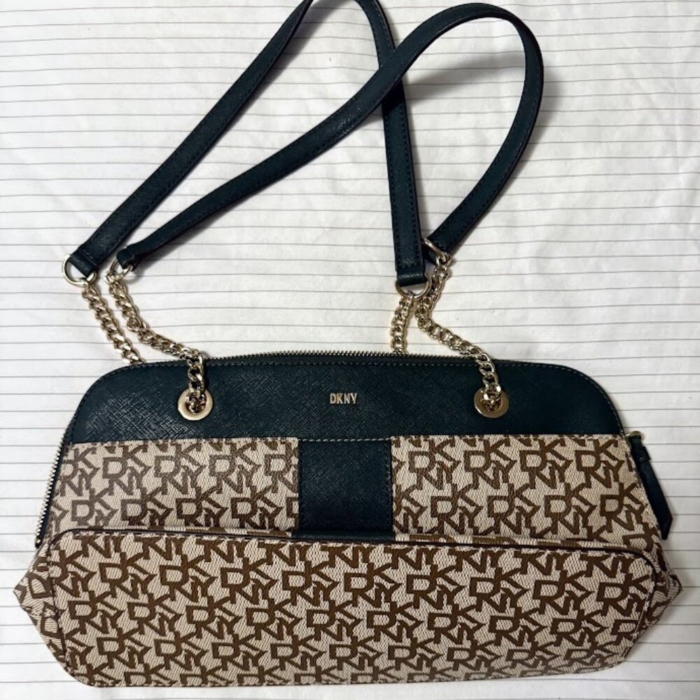 DKNY Green Bryant Park Medium Top Zip‎ Satchel Signature Logo Print